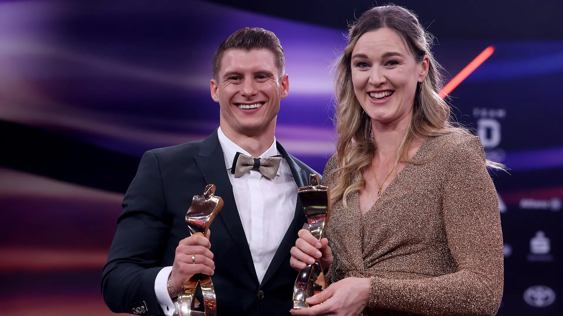 BADEN-BADEN, GERMANY - DECEMBER 17: Denise Herrmann-Wick and Lukas Dauser pose with their "Sportler des Jahres" Award 2023 at Kurhaus Baden-Baden on December 17, 2023 in Baden-Baden, Germany. (Photo by Alexander Hassenstein/Getty Images)