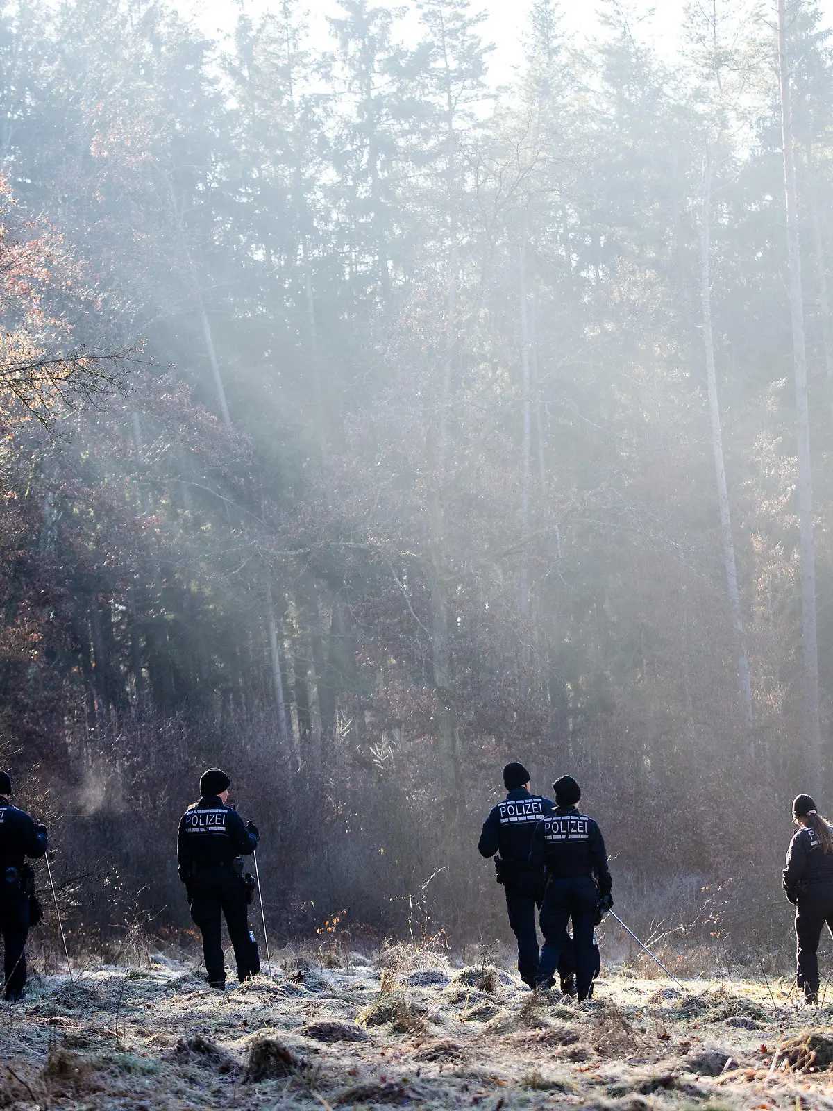 dpatopbilder - 18.12.2023, Baden-Württemberg, Bingen-Hitzkofen: Einheiten der Polizei suchen in einem Waldstück nach einem zweijährigen Kind, das seit Sonntagabend vermisst wird. Foto: Christoph Schmidt/dpa +++ dpa-Bildfunk +++