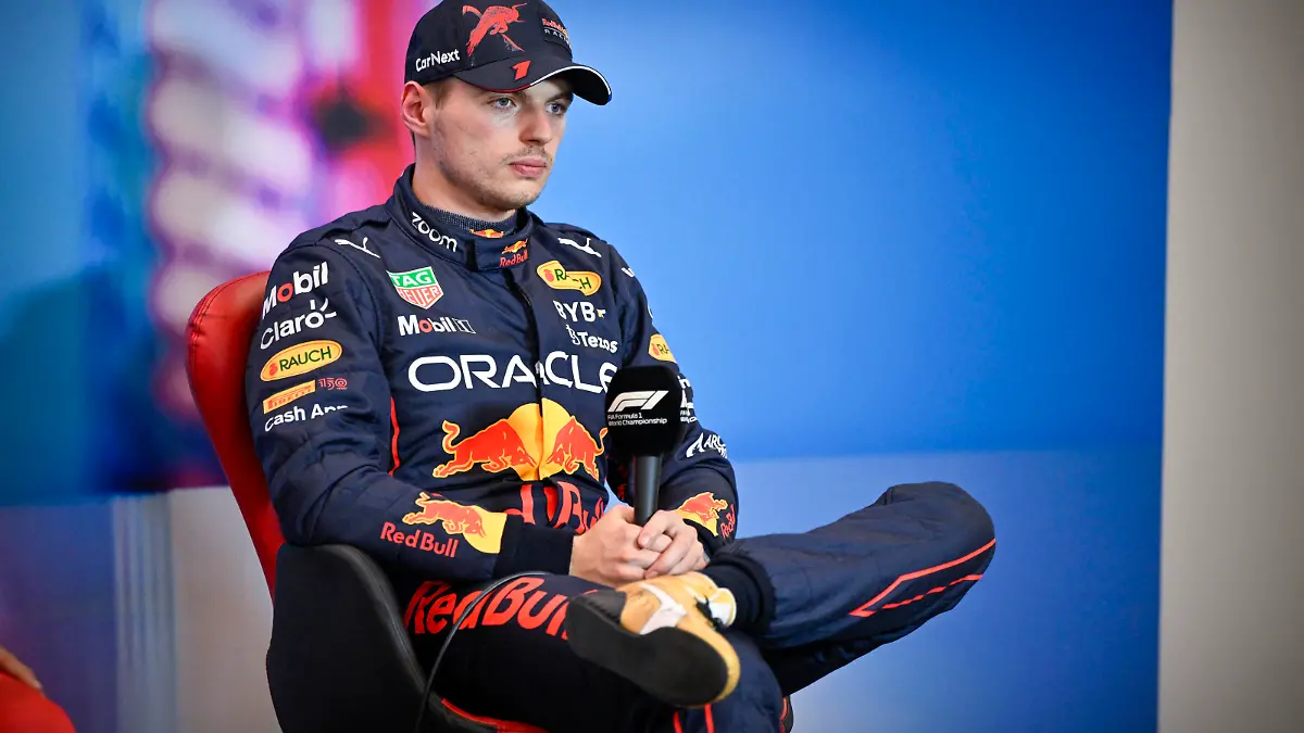 Oct 22, 2022; Austin, Texas, USA; Red Bull Racing Limited driver Max Verstappen (1) of Team Netherlands talks about the passing of Red Bull founder Dietrich Mateschitz (not pictured) after the qualifying session for the U.S. Grand Prix at Circuit of the Americas. Mandatory Credit: Jerome Miron-USA TODAY Sports