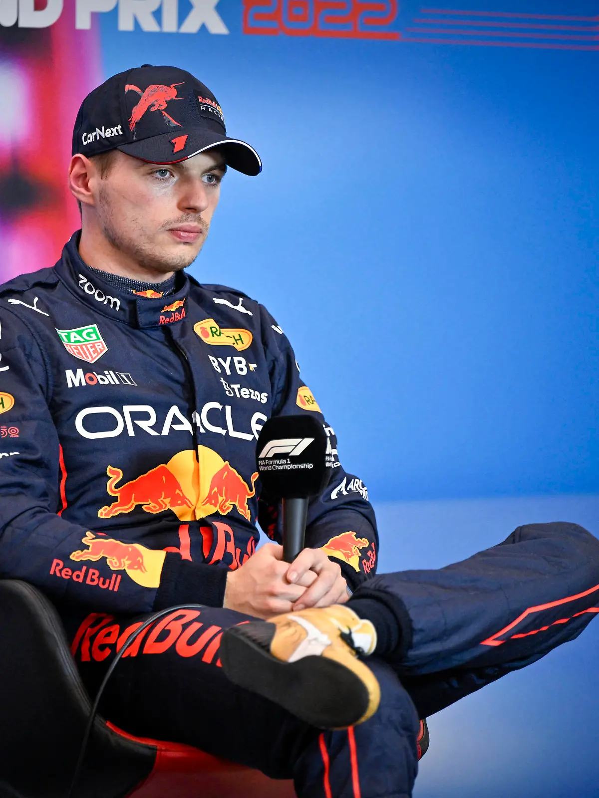 Oct 22, 2022; Austin, Texas, USA; Red Bull Racing Limited driver Max Verstappen (1) of Team Netherlands talks about the passing of Red Bull founder Dietrich Mateschitz (not pictured) after the qualifying session for the U.S. Grand Prix at Circuit of the Americas. Mandatory Credit: Jerome Miron-USA TODAY Sports