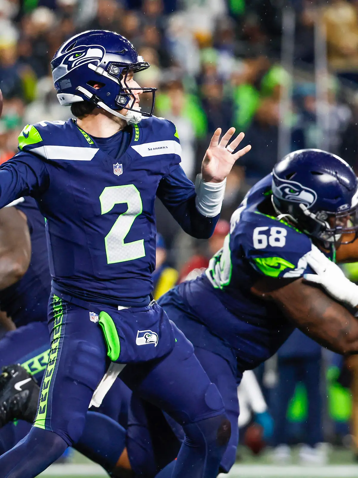 Dec 18, 2023; Seattle, Washington, USA; Seattle Seahawks quarterback Drew Lock (2) passes against the Philadelphia Eagles during the fourth quarter at Lumen Field. Mandatory Credit: Joe Nicholson-USA TODAY Sports
