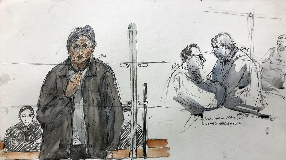 19.12.2023, Frankreich, Nanterre: Diese Gerichtsskizze zeigt Monique Olivier (M), die Ex-Frau des Serienmörders Michel Fourniret, während ihres Prozesses vor dem Assize Court. In Frankreich wird das Urteil gegen die Ex-Frau des Serienmörders Michel Fourniret erwartet, die ihre Beteiligung am Verschwinden und Tod von zwei Frauen und einem Mädchen eingeräumt hat. Foto: Benoit Peyrucq/AFP/dpa +++ dpa-Bildfunk +++