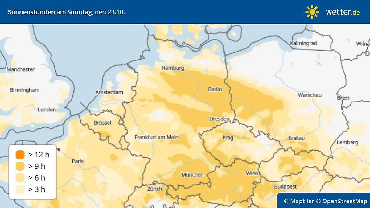 Sonnenscheindauer am Sonntag, 23. Oktober in Deutschland
