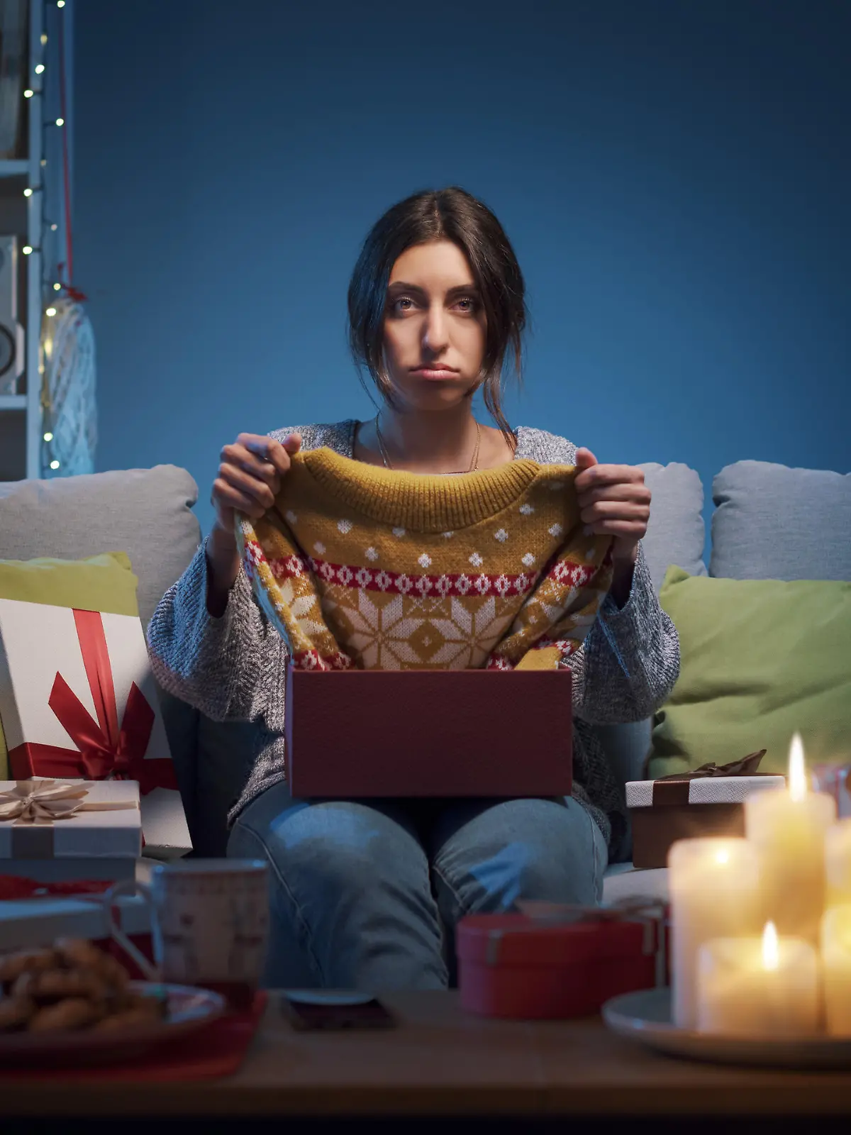 Sad disappointed woman opening Christmas gifts at home, she has received an ugly Christmas sweater