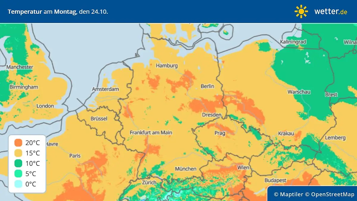 Temperaturhöchstwerte am Montag, 24. Oktober in Deutschland
