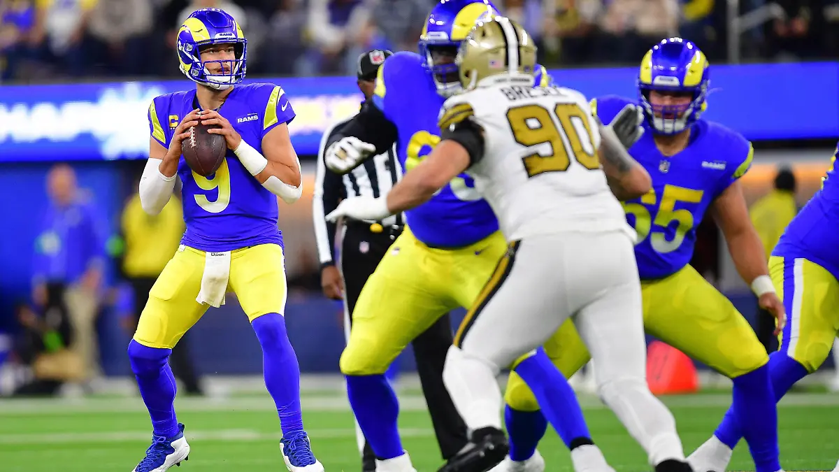 Dec 21, 2023; Inglewood, California, USA; Los Angeles Rams quarterback Matthew Stafford (9) drops back to pass against the New Orleans Saints during the first half at SoFi Stadium. Mandatory Credit: Gary A. Vasquez-USA TODAY Sports