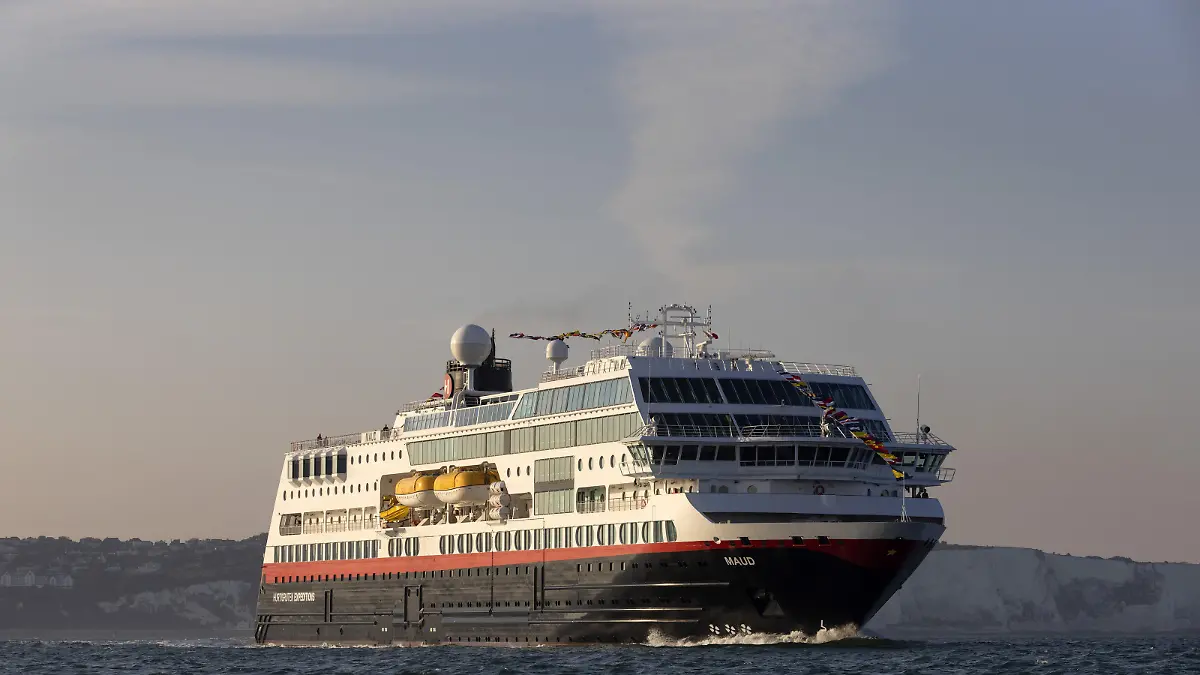 MS Maud inaugural sailing. EDITORIAL USE ONLY General views of MS Maud embarking on her inaugural sailing from the Port of Dover, as Hurtigruten Expeditions launches its first ever UK to Norway route. Picture date: Wednesday September 22, 2021. The ship is the only vessel of its kind to offer year-round expedition sailings from the UK and due to its size can access remote destinations. Looking to the future, Hurtigruten is preparing to power its fleet using biofuel to reduce emissions of carbon dioxide, nitrogen oxides and sulphur oxides. Photo credit should read: Matt Alexander/PA Wire URN:62594589