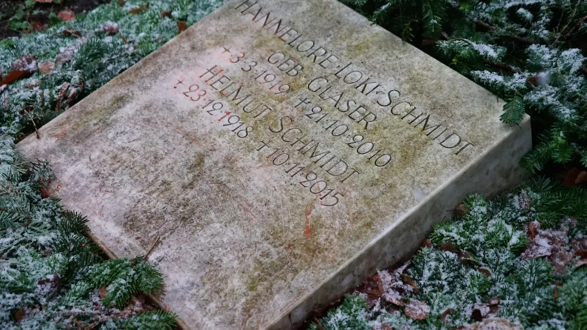 Sofort gesäubert: Das Grab von Helmut Schmidt auf dem Friedhof Ohlsdorf in Hamburg nach den Nazi-Schmierereien
/ 231223
