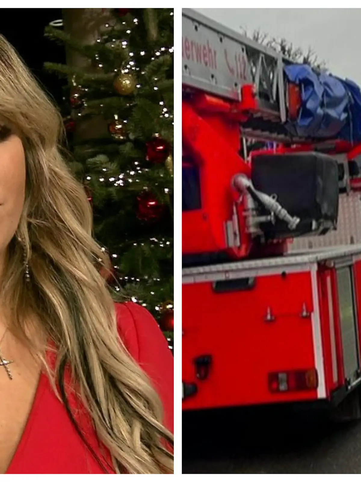 Eine Frau und eine Feuerwehrauto.