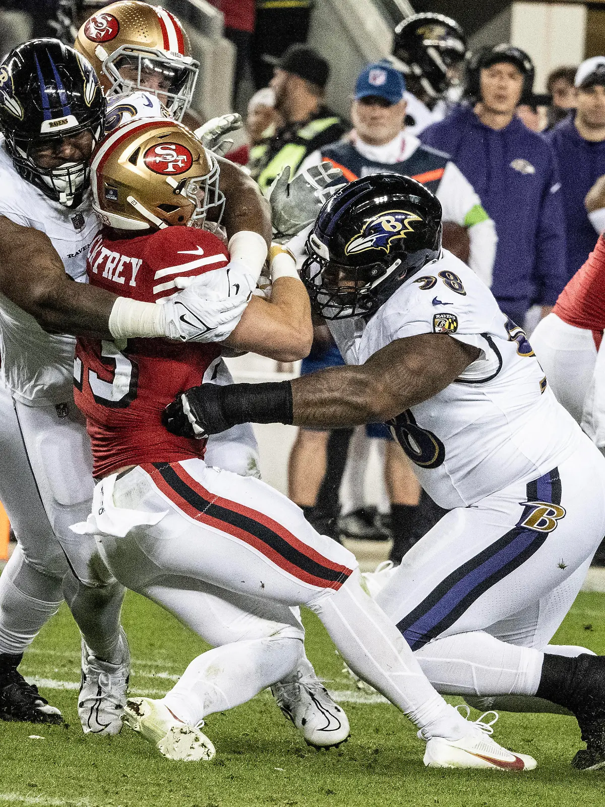 San Francisco 49ers running back Christian McCaffrey 23 is gang tackled by the Baltimore Ravens in the second quarter at Levi s Stadium in Santa Clara. California on Monday, December 25, 2023. The Ravens defeated thye 49ers 33-19. PUBLICATIONxINxGERxSUIxAUTxHUNxONLY SWXP2023122512 TERRYxSCHMITT