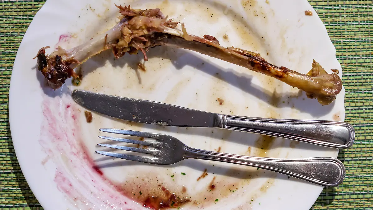 Ein leerer Teller mit den Knochen einer Gänsekeule und Flecken von Rotkraut und Klößen steht auf einem Tisch im Restaurant der Gänsezucht Eskildsen. Große Schäden durch die Vogelgrippe im vorigen Jahr und gestiegene Preise für das Futter treiben europaweit die Preise in die Höhe. Dadurch wird auch der Weihnachtsbraten in diesem Jahr gut zwei Euro pro Kilo teurer. Bei Eskildsen schlüpfen rund 600.000 Gänseküken pro Jahr. Diese werden national und international vermarktet. Knapp 20.000 Gänse leben im Durchschnitt auf der gesamten Anlage.