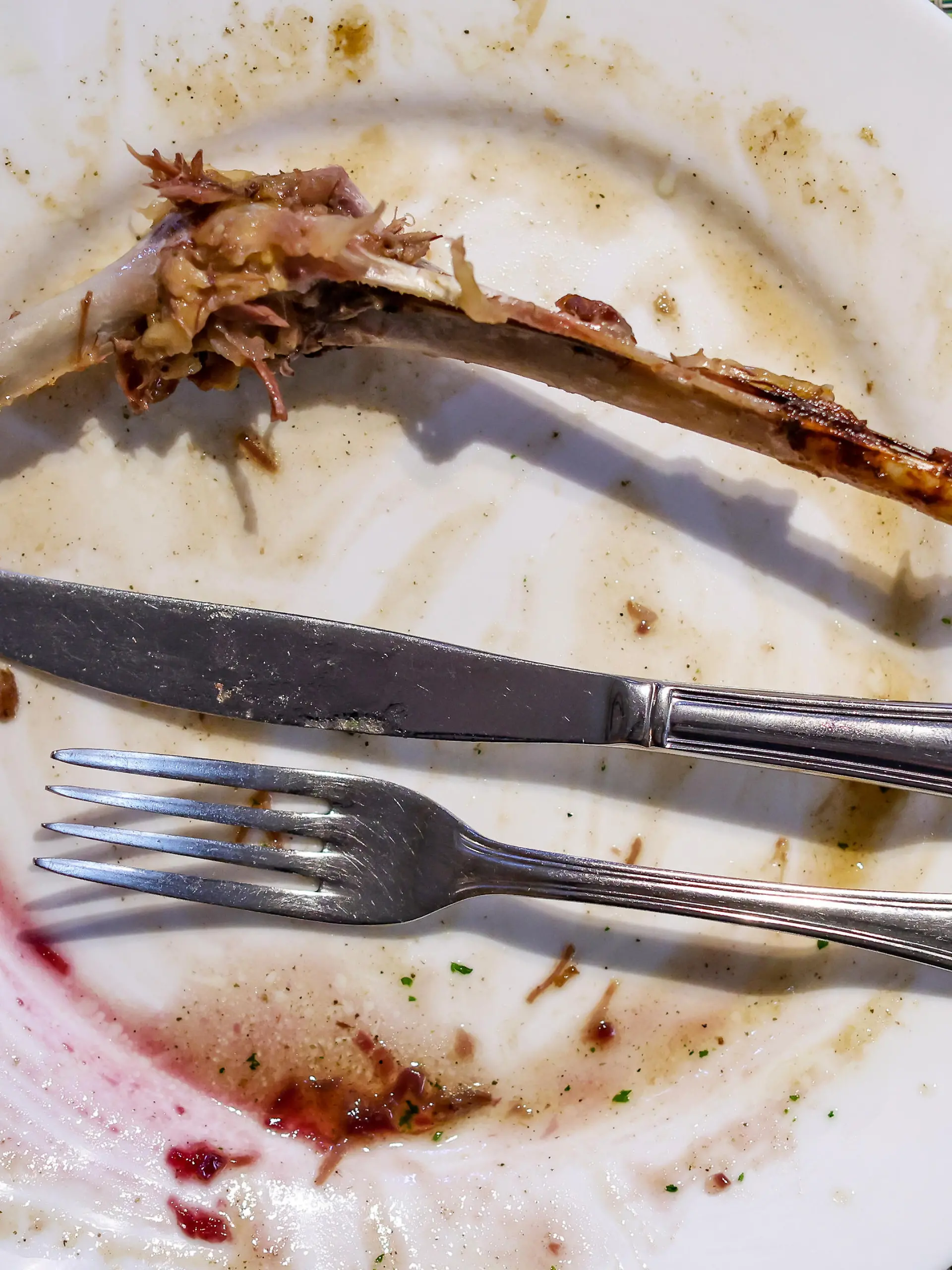 Ein leerer Teller mit den Knochen einer Gänsekeule und Flecken von Rotkraut und Klößen steht auf einem Tisch im Restaurant der Gänsezucht Eskildsen. Große Schäden durch die Vogelgrippe im vorigen Jahr und gestiegene Preise für das Futter treiben europaweit die Preise in die Höhe. Dadurch wird auch der Weihnachtsbraten in diesem Jahr gut zwei Euro pro Kilo teurer. Bei Eskildsen schlüpfen rund 600.000 Gänseküken pro Jahr. Diese werden national und international vermarktet. Knapp 20.000 Gänse leben im Durchschnitt auf der gesamten Anlage.