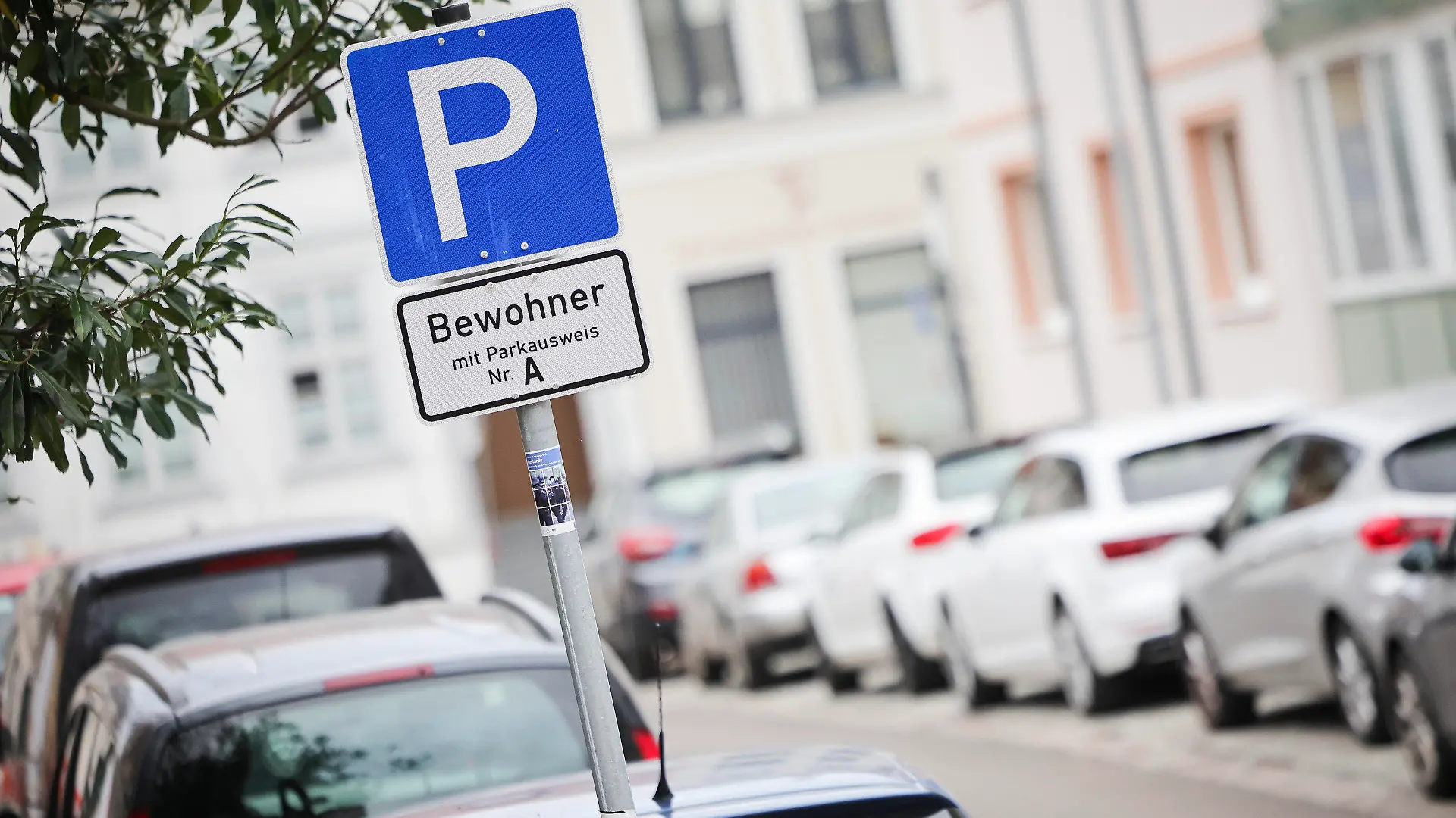 PRODUKTION - 16.11.2023, Mecklenburg-Vorpommern, Schwerin: Ein Parkschild steht an einer Straße mit Parkplätzen für Bewohner mit Parkausweis. Foto: Christian Charisius/dpa +++ dpa-Bildfunk +++