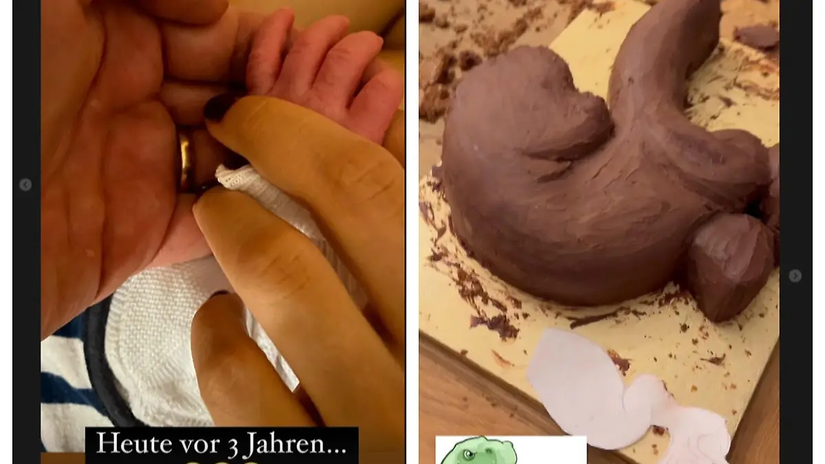 Papa Olli gratuliert mit Geburtsfoto, Mama Amira backt Geburtstagskuchen.