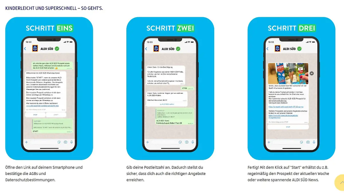 In 3 Schritten das Prospekt von Aldi Süd über Whatsapp abonnieren.