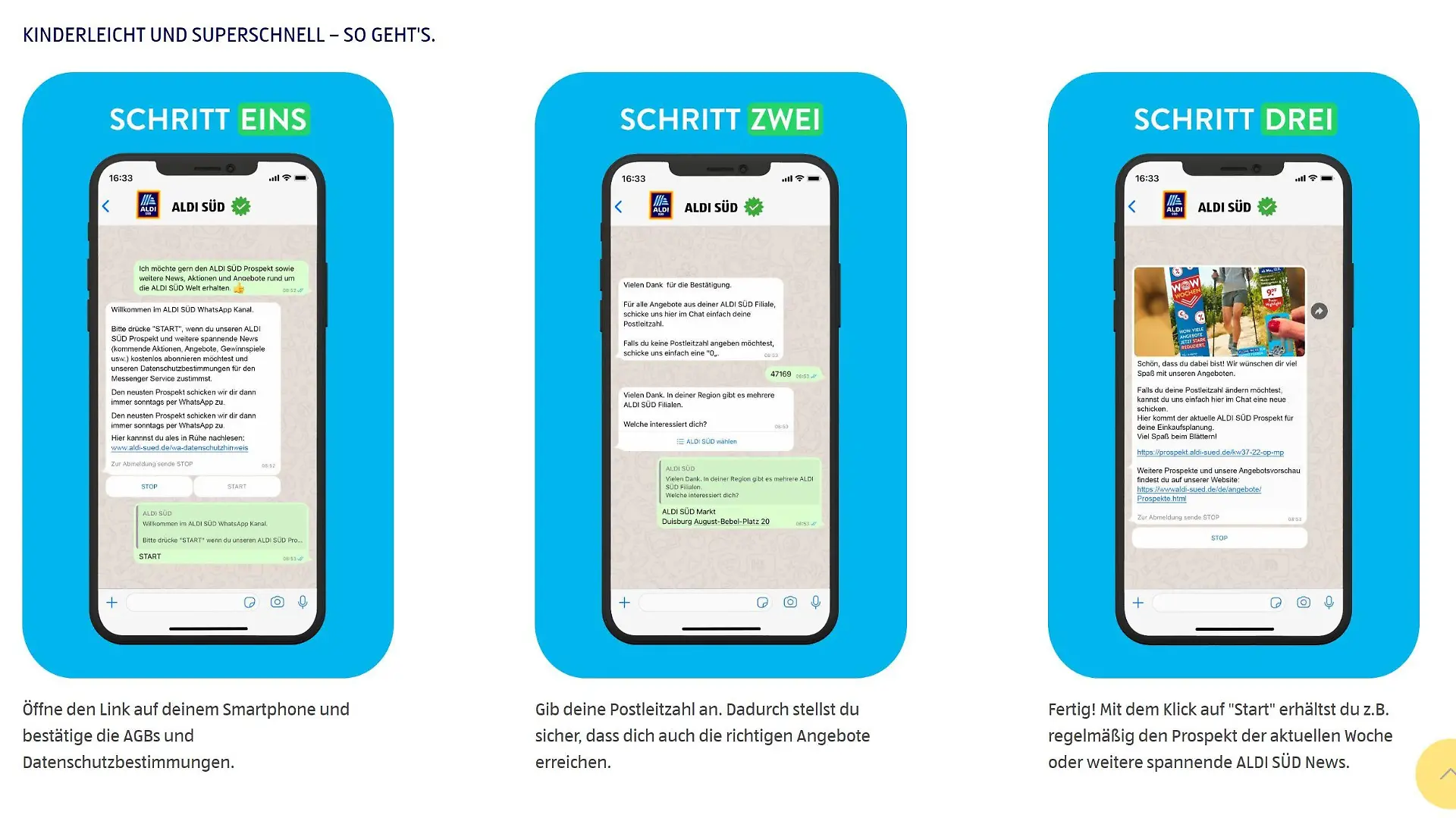 In 3 Schritten das Prospekt von Aldi Süd über Whatsapp abonnieren.