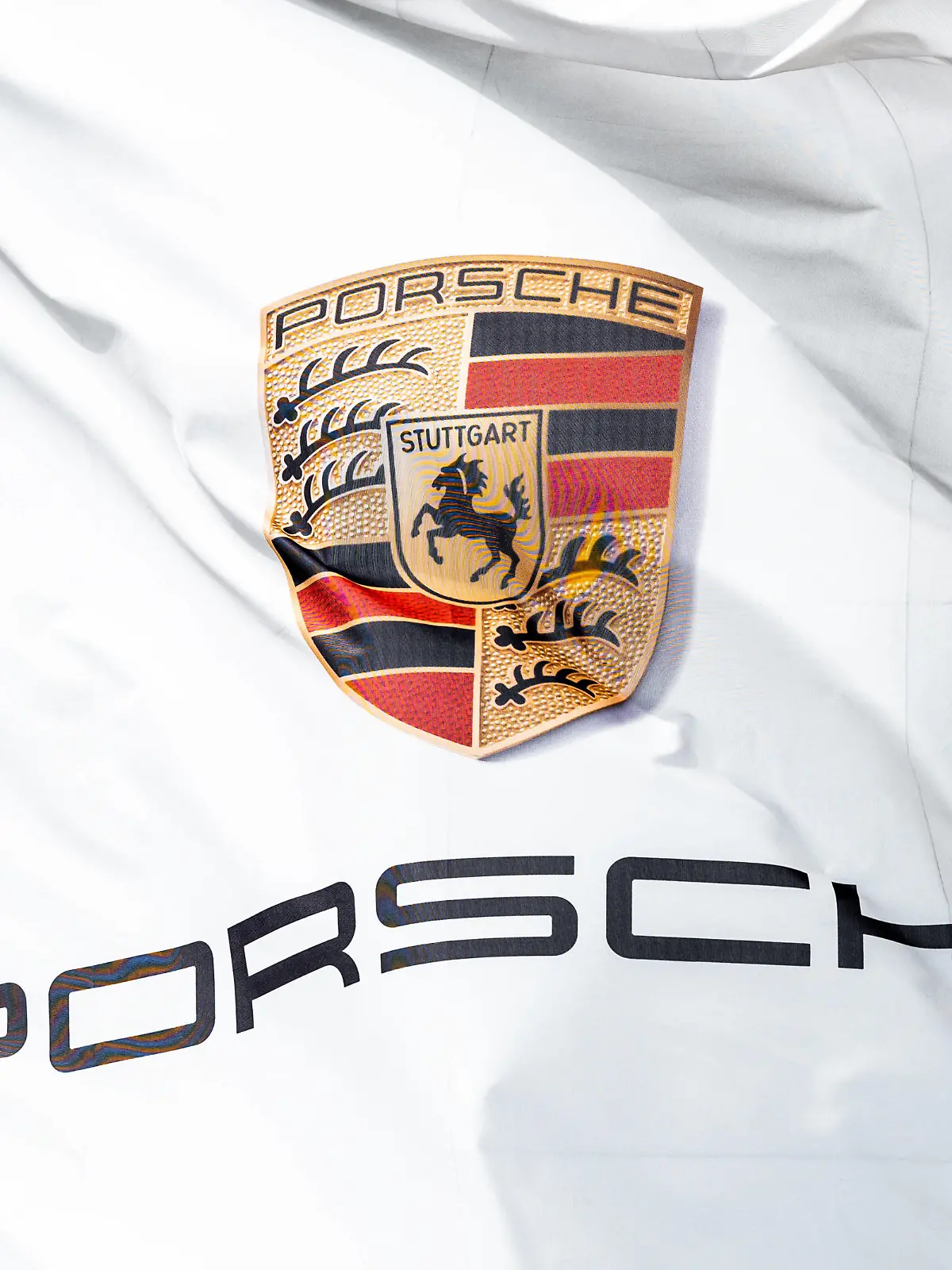  Das Logo von Porsche ist auf einer Flagge vor dem Porsche Zentrum Schwarzwald-Baar zu sehen, die im Wind weht. Villingen-Schwenningen Baden-Württemberg Deutschland *** The Porsche logo can be seen on a flag in front of the Porsche Centre Schwarzwald Baar blowing in the wind Villingen Schwenningen Baden Württemberg Germany 