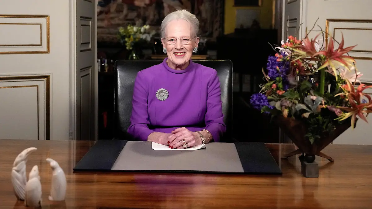 Queen Margrethe II gives a New Year's speech and announces her abdication from Christian IX's Palace, Amalienborg Castle, in Copenhagen, Sunday 31 December 2023. Keld Navntoft/Ritzau Scanpix/via REUTERS    ATTENTION EDITORS - THIS IMAGE WAS PROVIDED BY A THIRD PARTY. DENMARK OUT. NO COMMERCIAL OR EDITORIAL SALES IN DENMARK.