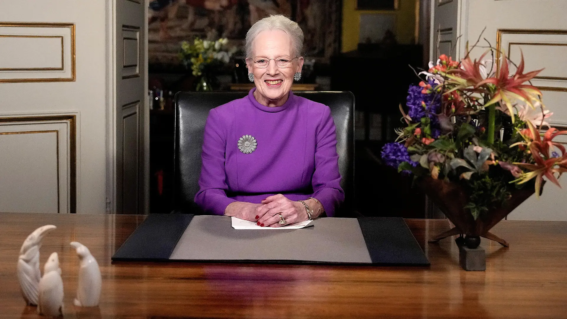 Queen Margrethe II gives a New Year's speech and announces her abdication from Christian IX's Palace, Amalienborg Castle, in Copenhagen, Sunday 31 December 2023. Keld Navntoft/Ritzau Scanpix/via REUTERS    ATTENTION EDITORS - THIS IMAGE WAS PROVIDED BY A THIRD PARTY. DENMARK OUT. NO COMMERCIAL OR EDITORIAL SALES IN DENMARK.