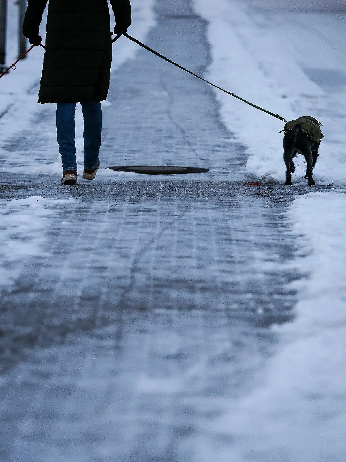05.12.2023, Sachsen, Leipzig: Ein Mann geht mit zwei Hunden am Morgen bei Regen und Schneeglätte über einen Fußweg, auf dem noch Schnee liegt. Es soll auch in den kommenden Tagen weiter schneien oder regnen, die Temperaturen liegen bei null bis plus vier Grad. Der Deutsche Wetterdienst (DWD) warnt vor Glatteis durch überfrierenden Regen. Foto: Jan Woitas/dpa +++ dpa-Bildfunk +++