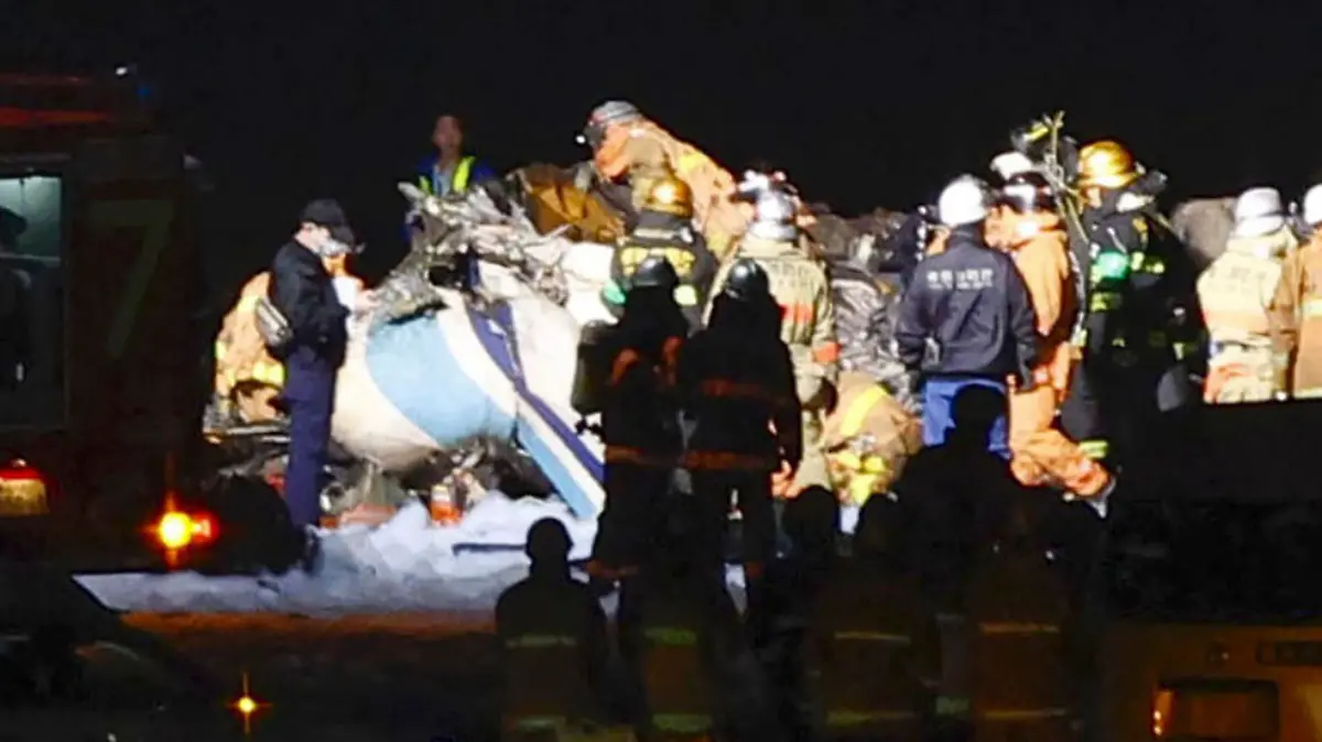 CORRECTS TO THE PART OF THE JAPANESE COAST GUARD AIRCRAFT - Firefighters inspect a part of the Japanese coast guard aircraft on the runway of Haneda airport on Tuesday, Jan. 2, 2024, in Tokyo, Japan. A passenger plane collided with the Japanese coast guard aircraft and burst into flames at the airport on Tuesday, officials said. (Kyodo News via AP)