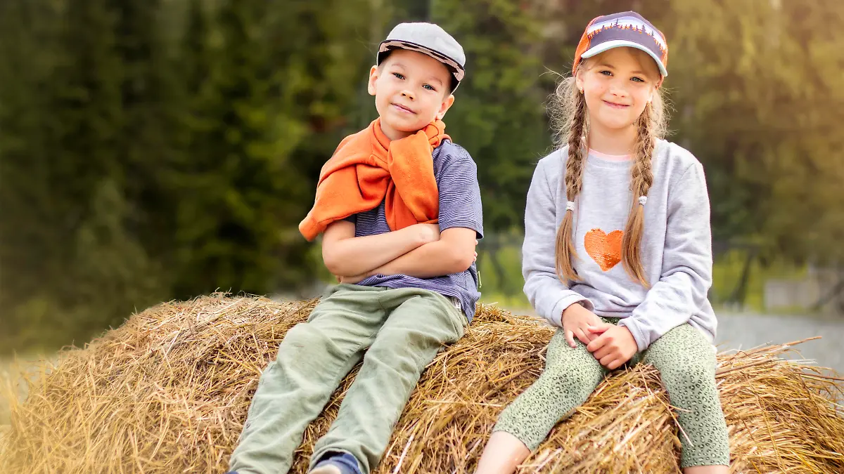 two children sit on a haystack in the forest close up