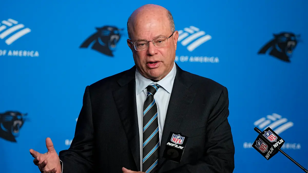 FILE - Carolina Panthers owner David Tepper speaks during an NFL football news conference Tuesday, Nov. 28, 2023, in Charlotte, N.C. Just when it appeared the season couldn’t get any more embarrassing for the Carolina Panthers, owner David Tepper now finds himself embroiled in a public relations nightmare after a video surfaced of the billionaire allegedly throwing the contents of a drink at a fan from his club suite following a 26-0 loss to the Jacksonville Jaguars on Sunday, Dec. 31, 2023.(AP Photo/Chris Carlson, File)