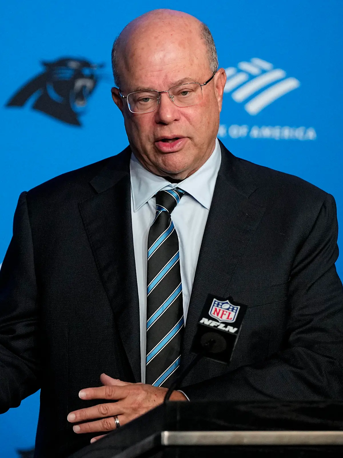 FILE - Carolina Panthers owner David Tepper speaks during an NFL football news conference Tuesday, Nov. 28, 2023, in Charlotte, N.C. Just when it appeared the season couldn’t get any more embarrassing for the Carolina Panthers, owner David Tepper now finds himself embroiled in a public relations nightmare after a video surfaced of the billionaire allegedly throwing the contents of a drink at a fan from his club suite following a 26-0 loss to the Jacksonville Jaguars on Sunday, Dec. 31, 2023.(AP Photo/Chris Carlson, File)