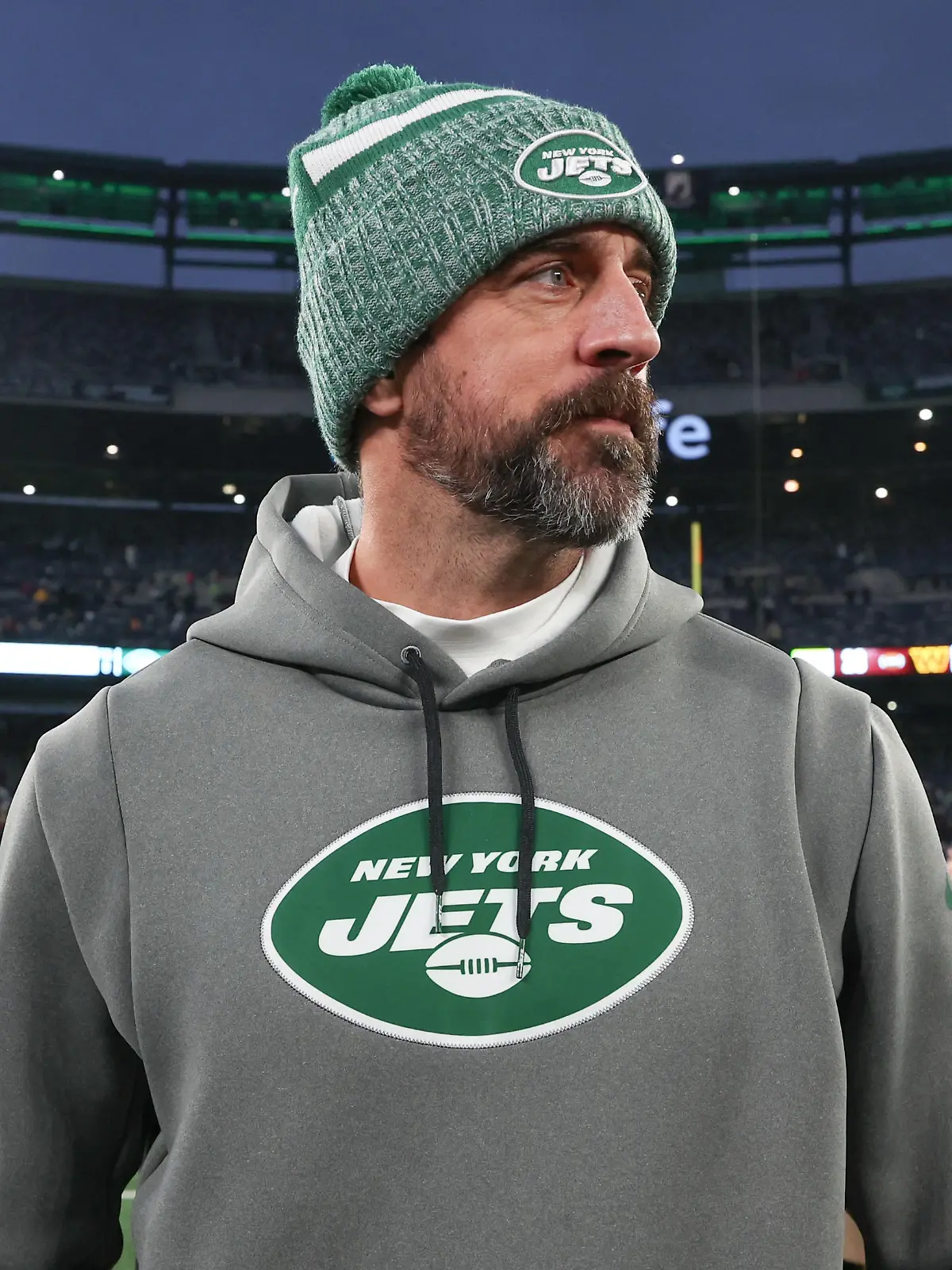 Dec 24, 2023; East Rutherford, New Jersey, USA; New York Jets quarterback Aaron Rodgers (8) on the field after the game against the Washington Commanders at MetLife Stadium. Mandatory Credit: Vincent Carchietta-USA TODAY Sports