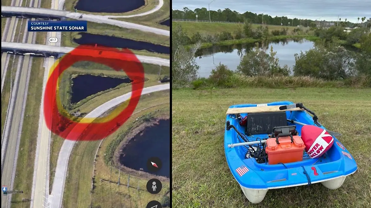 Die Taucher durchsuchen ein Rückhaltebecken in der Nähe der Ausfahrt Disney World in Kissimmee Florida.