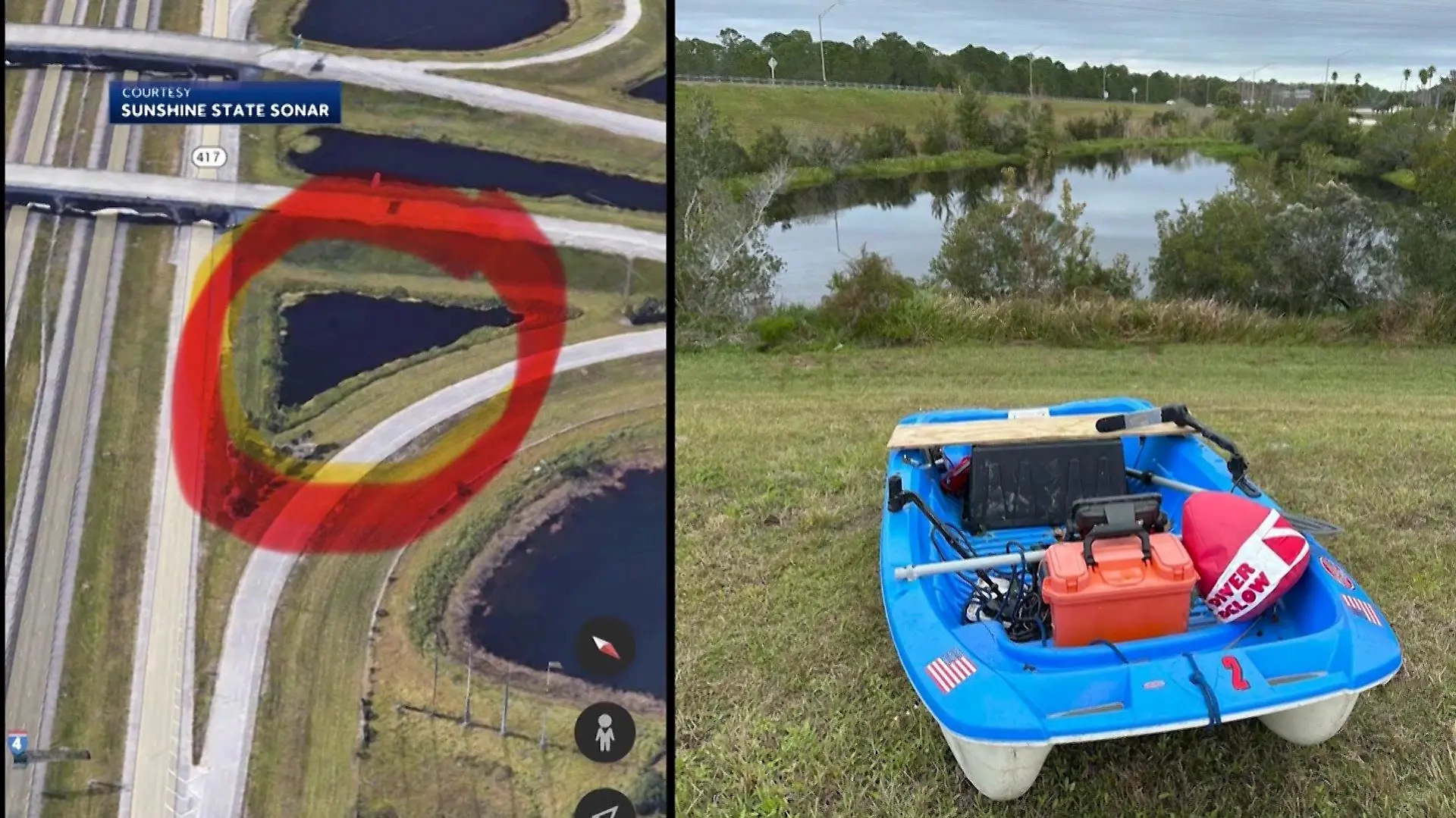 Die Taucher durchsuchen ein Rückhaltebecken in der Nähe der Ausfahrt Disney World in Kissimmee Florida.