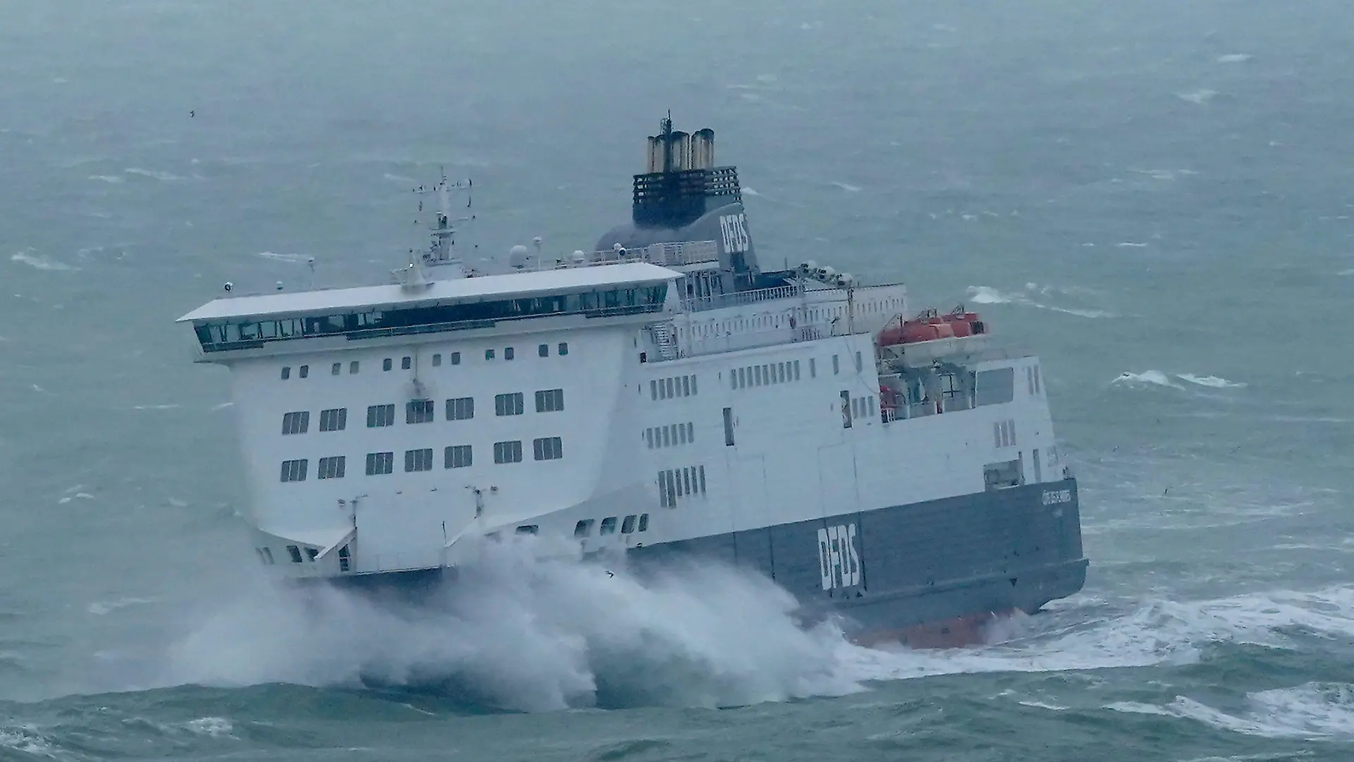 Autumn weather October 21st 2023. A DFDS ferry arrives at the Port of Dover in Kent as Storm Babet batters the UK, causing widespread flooding and high winds. Picture date: Saturday October 21, 2023. A rare red weather warning is in place for parts of eastern Scotland all day on Saturday, with yellow weather warnings for wind and rain across northern England, the Midlands and the east coast. See PA story WEATHER Babet. Photo credit should read: Gareth Fuller/PA Wire URN:74234951