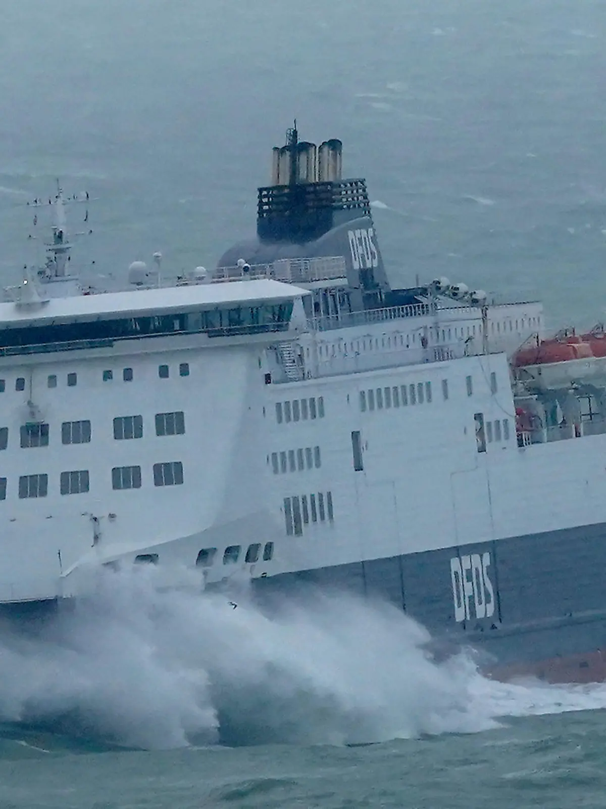 Autumn weather October 21st 2023. A DFDS ferry arrives at the Port of Dover in Kent as Storm Babet batters the UK, causing widespread flooding and high winds. Picture date: Saturday October 21, 2023. A rare red weather warning is in place for parts of eastern Scotland all day on Saturday, with yellow weather warnings for wind and rain across northern England, the Midlands and the east coast. See PA story WEATHER Babet. Photo credit should read: Gareth Fuller/PA Wire URN:74234951