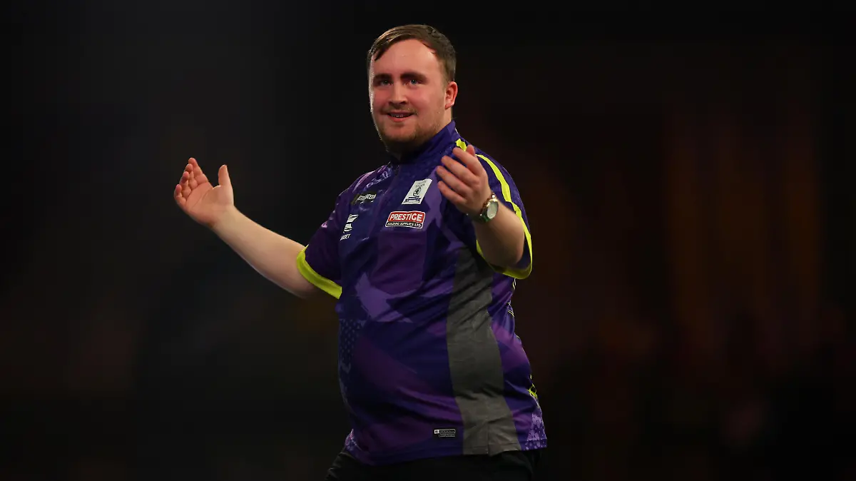 2nd January 2024, Alexandra Palace, London, England; 2023/24 PDC Paddy Power World Darts Championships Day 15, Semi Finals; Luke Littler reacts as he throws a 180 during his match against Rob Cross / action press