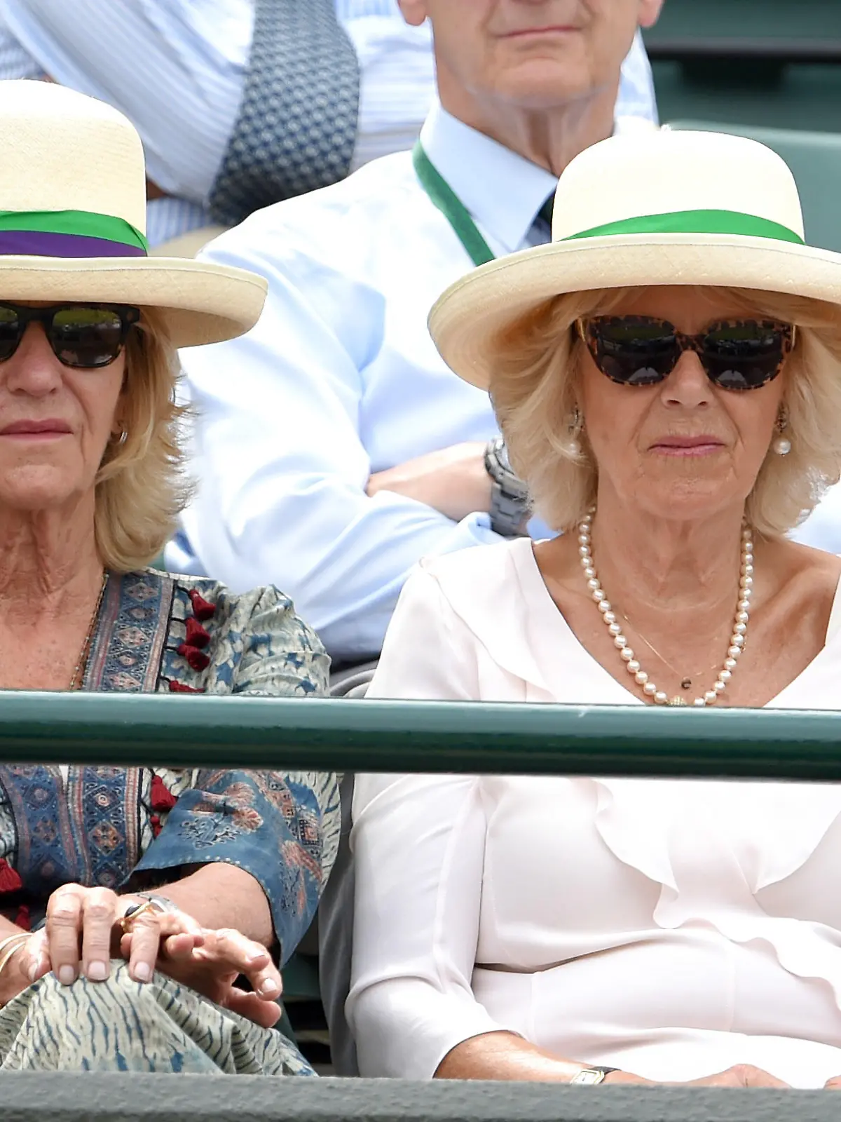 LONDON, ENGLAND - JULY 02:  Annabel Elliot and Camilla, Duchess of Cornwall attend the Robin Hasse v Andy Murray match on day four of the Wimbledon Tennis Championships at Wimbledon on July 2, 2015 in London, England.  (Photo by Karwai Tang/WireImage)