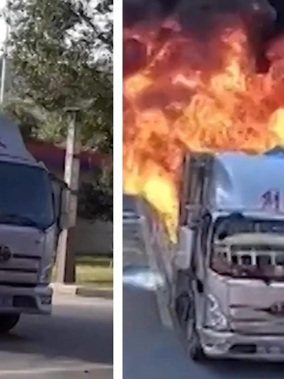 Sein Laster brennt lichterloh!

Ein mit Kiefernteer belandener Laster in der Provinz Jiangxi fängt plötzlich Feuer. Der mutige Fahrer lenkt den Transporter selbst zur Feuerwehr. Die spektakulären Aufnahmen seht ihr im Video.