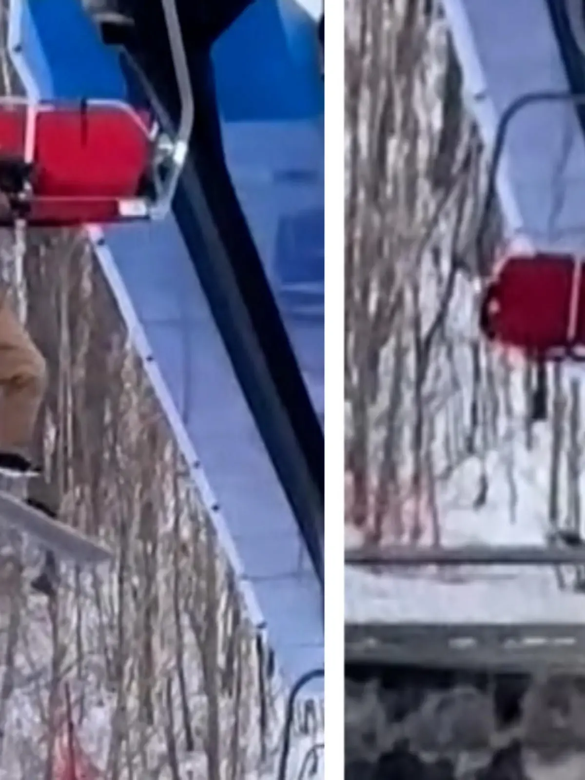 In einem Chinesischen Skigebiet hängt ein Snowboarder mit seinem Rucksack im Skilift fest - mehrere Meter über dem Boden. Er kann sich halten und somit gerettet werden.