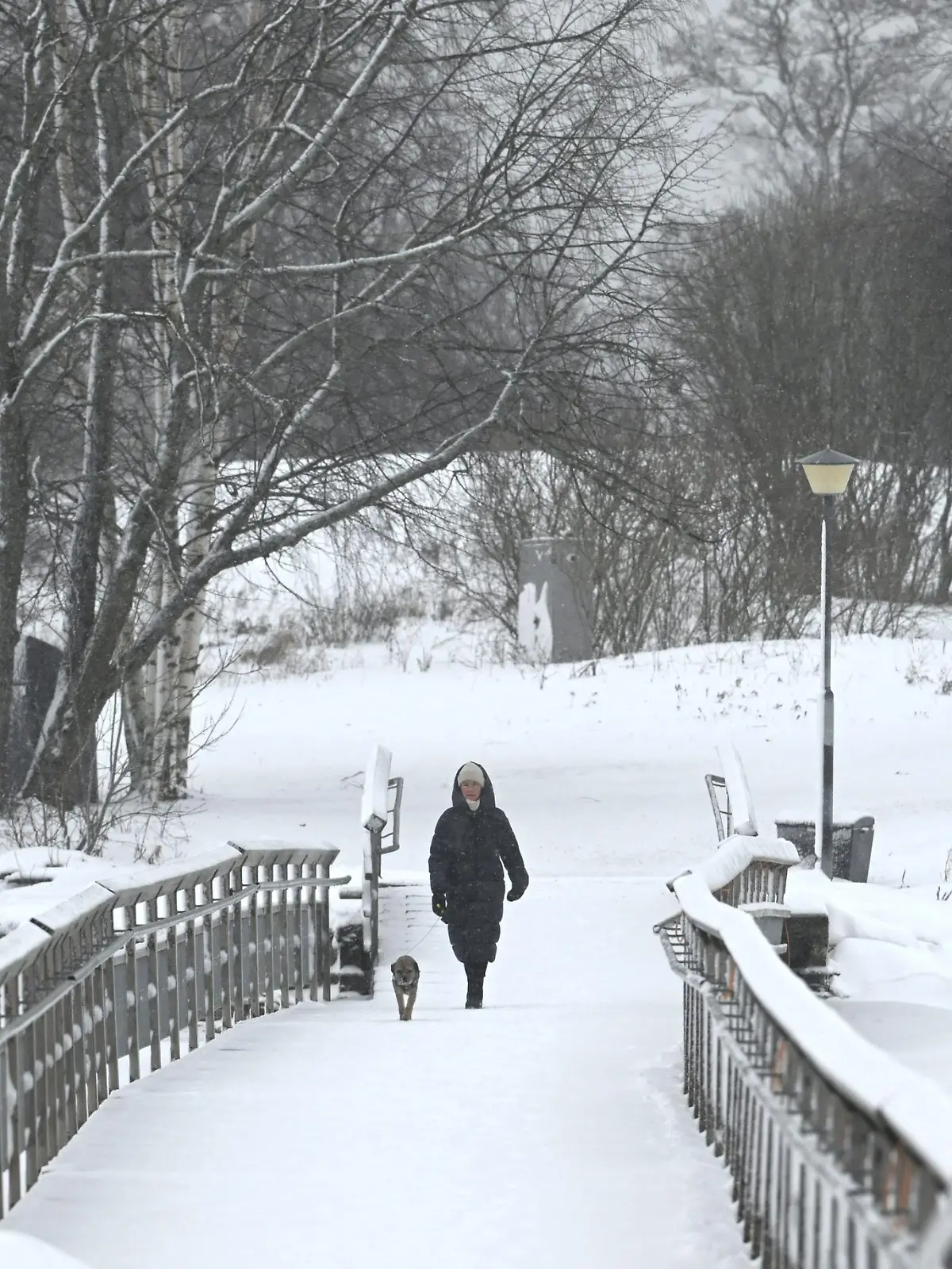 A warmly-dressed woman with the pet dog by the sea in Southern Helsinki in Finland on Thursday, 4th January, 2024. Finland's coldest temperature last night was in Northern Lapland's town of Enontekiö with -42,1c degrees. LEHTIKUVA / HEIKKI SAUKKOMAA - FINLAND OUT. NO THIRD PARTY SALES.  / action press