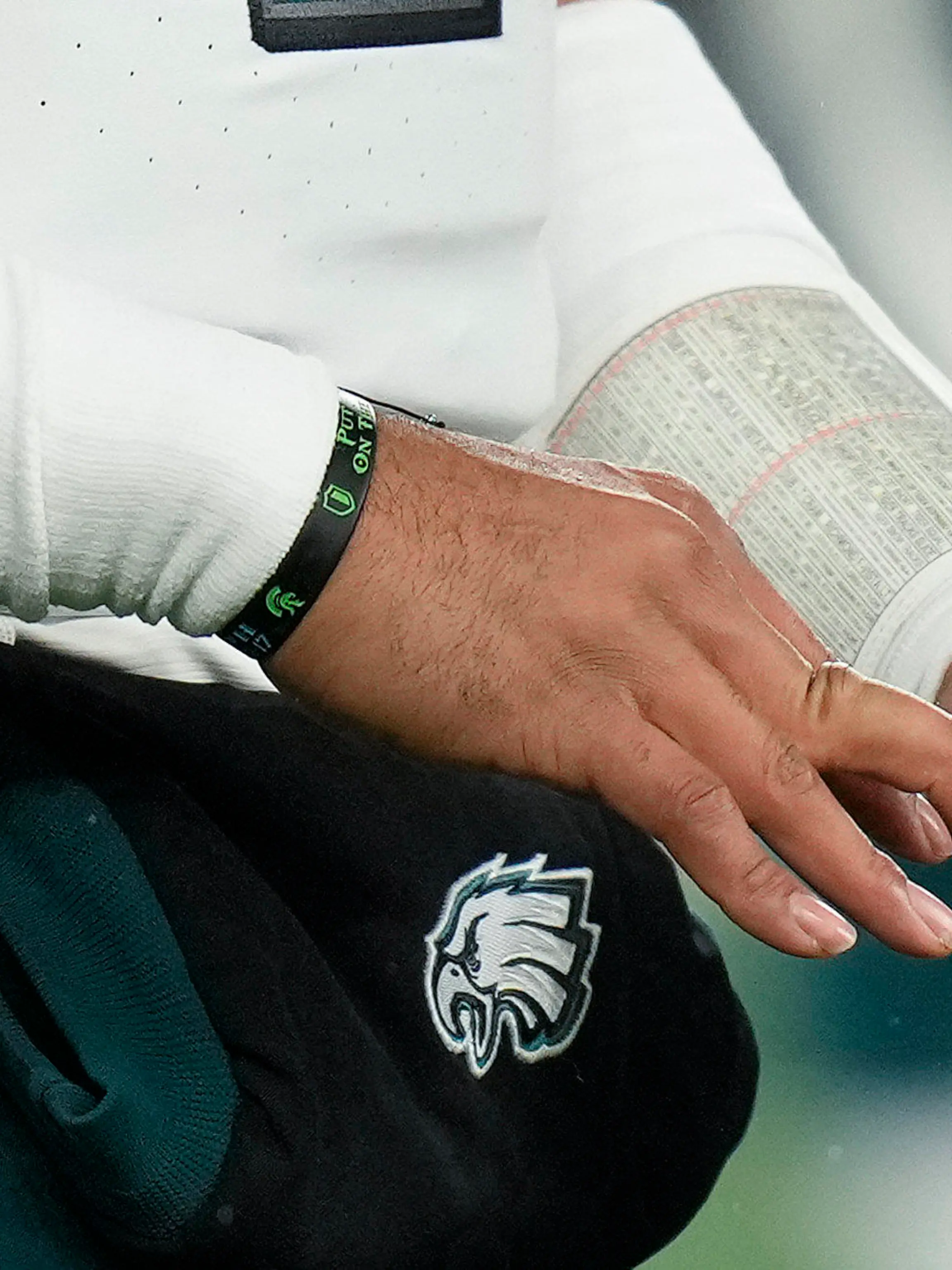 Philadelphia Eagles quarterback Jalen Hurts (1) walks off the field with a finger injury during the second quarter of an NFL football game against the New York Giants, Sunday, Jan. 7, 2024, in East Rutherford, N.J. (AP Photo/Seth Wenig)