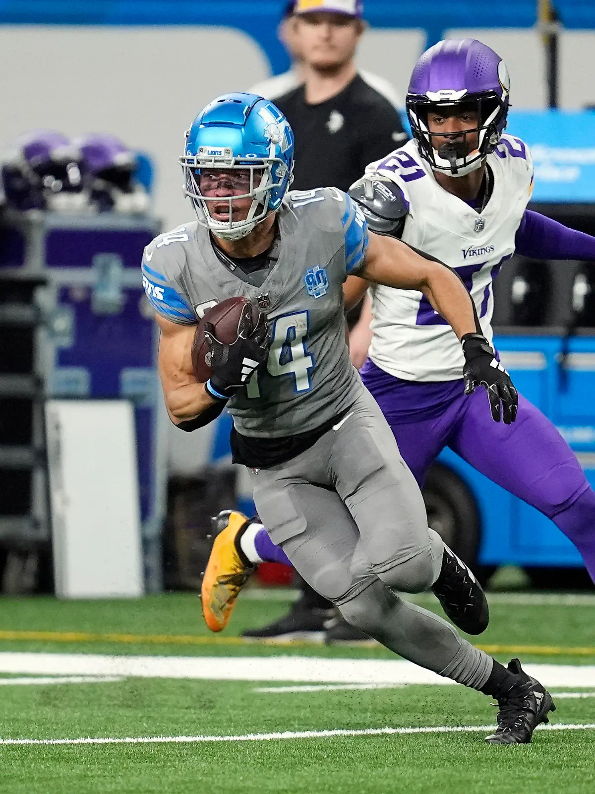 Detroit Lions wide receiver Amon-Ra St. Brown catches a touchdown pass during the second half of an NFL football game against the Minnesota Vikings, Sunday, Jan. 7, 2024, in Detroit. (AP Photo/Paul Sancya)