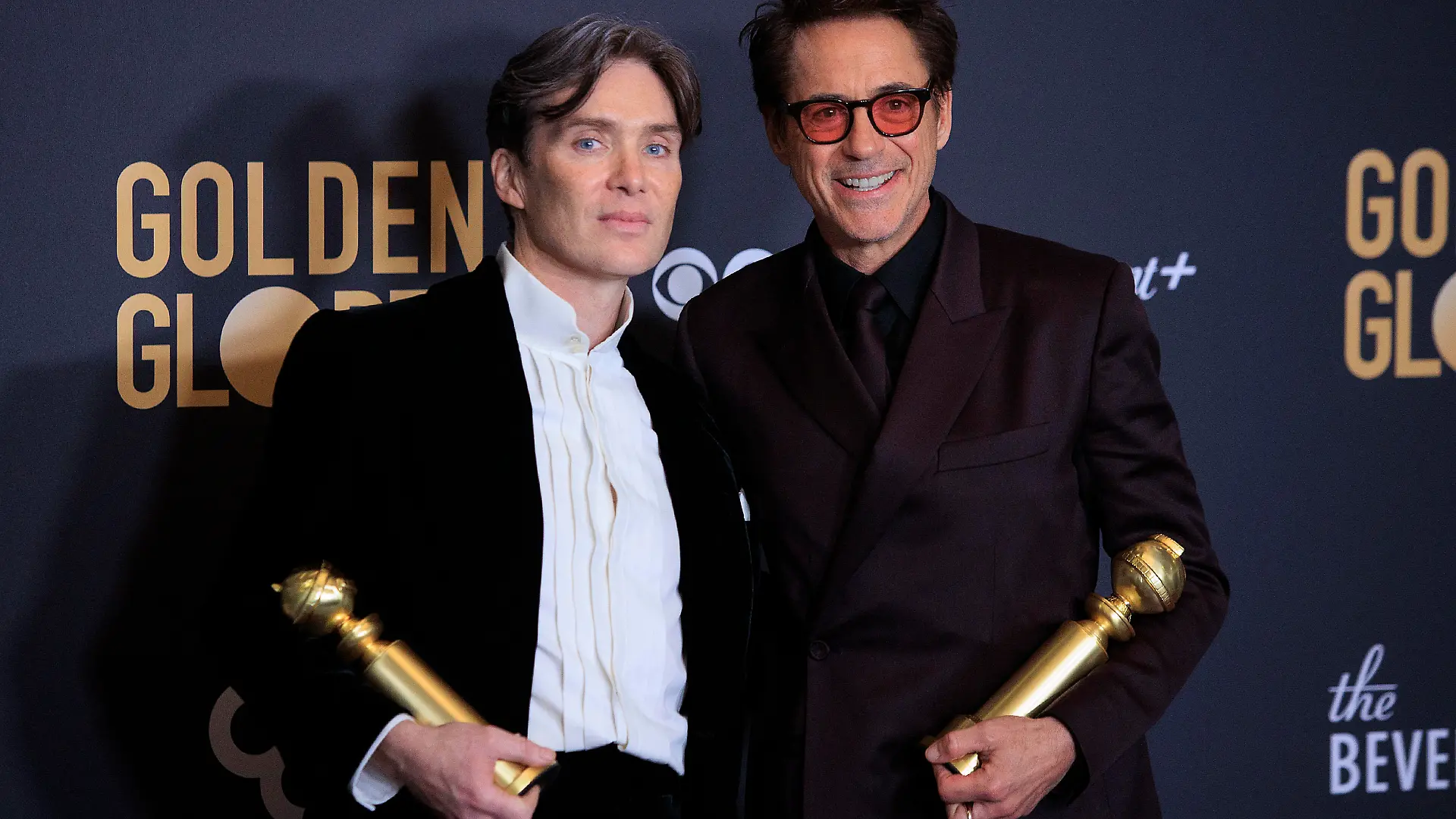January 7, 2024, Beverly Hills, California, USA: Cillian Murphy and Robert Downey Jr. (L-R) in the press room of the 81st Annual Golden Globe Awards on Sunday January 7, 2024 at The Beverly Hilton Hotel in Beverly Hills, California. ARIANA RUIZ/PI (Credit Image: © PI via ZUMA Press Wire)