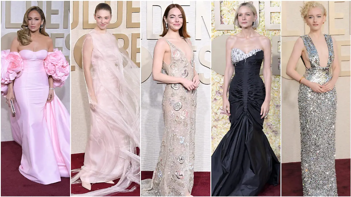 Jennifer Lopez, Hunter Schafer, Emma Stone, Carey Mulligan und Julia Garnerbei den Golden Globes 2024.