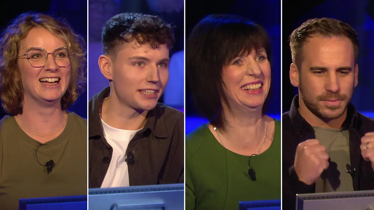 Günther Jauchs „Wer wird Millionär?“-Kandidaten am 8. Januar (vlnr): Anna Kaminski, Nils Fahlenbock, Bianca Petzold und Gino Pace