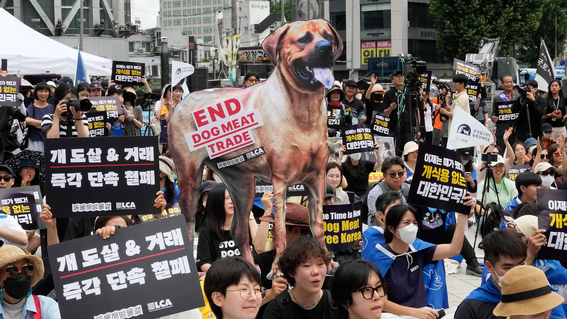 ARCHIV - 08.07.2023, Südkorea, Seoul: Tierschützer veranstalten eine Kundgebung gegen die traditionelle Kultur des Verzehrs von Hundefleisch in Südkorea. Das Parlament in Seoul billigte am Dienstag ein Sondergesetz, das unter Strafandrohung die Einstellung der Zucht, des Schlachtens und Vertriebs von Hunden für den menschlichen Verzehr vorsieht. Foto: Ahn Young-joon/AP +++ dpa-Bildfunk +++