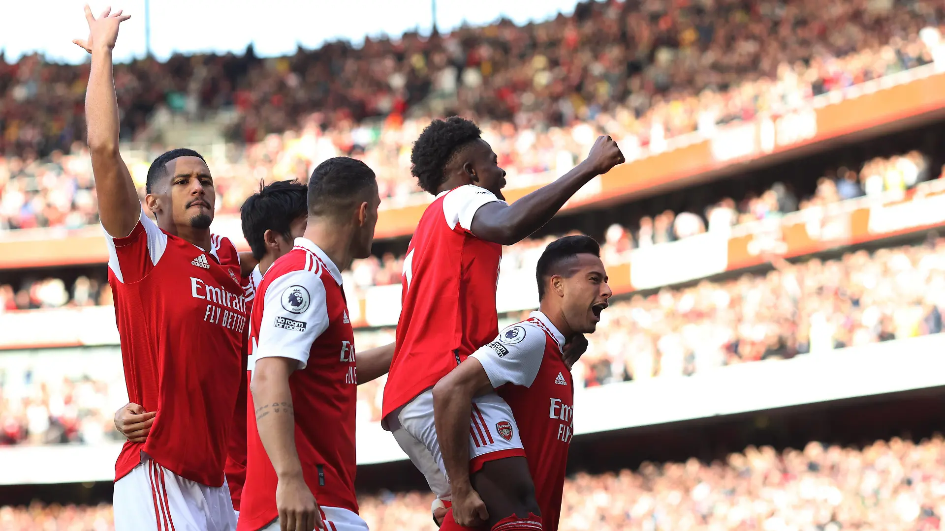 Arsenal v Liverpool 9 October 2022, London - Premier League Football - Arsenal v Liverpool - Gabriel Martinelli of Arsenal celebrates after scoring the opening goal - Photo: Charlotte Wilson / Offside. London UK *** Arsenal gegen Liverpool 9. Oktober 2022, London Premier League Fußball Arsenal gegen Liverpool Gabriel Martinelli von Arsenal jubelt nach dem Führungstreffer Foto Charlotte Wilson Offside London UK PUBLICATIONxINxGERxSUIxAUTxONLY Copyright: xCharlottexWilsonx/xOffsidexOffside
