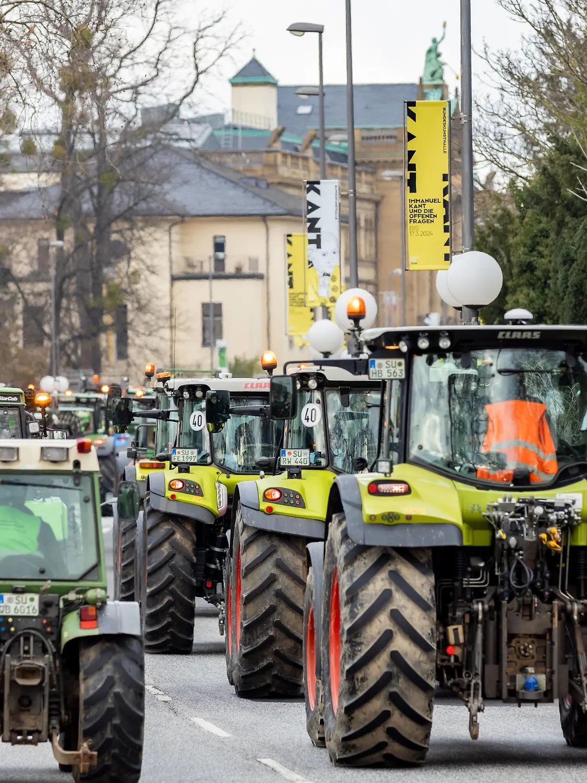 Traktor Konvoi fährt durch Bonn auf der Adenauerallee B9 im Rahmen der landesweiten Bauernproteste zum 08.01.2024 zu diesen der Deutsche Bauernverband aufgerufen hat. Etwa 100 Landwirte fahren als Teil einer Sternfahrt in die Innenstadt von Bonn. Aktionen, wie Kundgebungen und Blockaden im Laufe des Tages geplant und sind Start einer bundesweiten Protestwoche der Landwirte 08.01.2024 Bonn Gronau NRW Deutschland *** Tractor convoy drives through Bonn on the Adenauerallee B9 as part of the nationwide farmers protests on 08 01 2024 called for by the German Farmers Association Around 100 farmers drive into the city center of Bonn as part of a rally Actions such as rallies and blockades are planned throughout the day and are the start of a nat