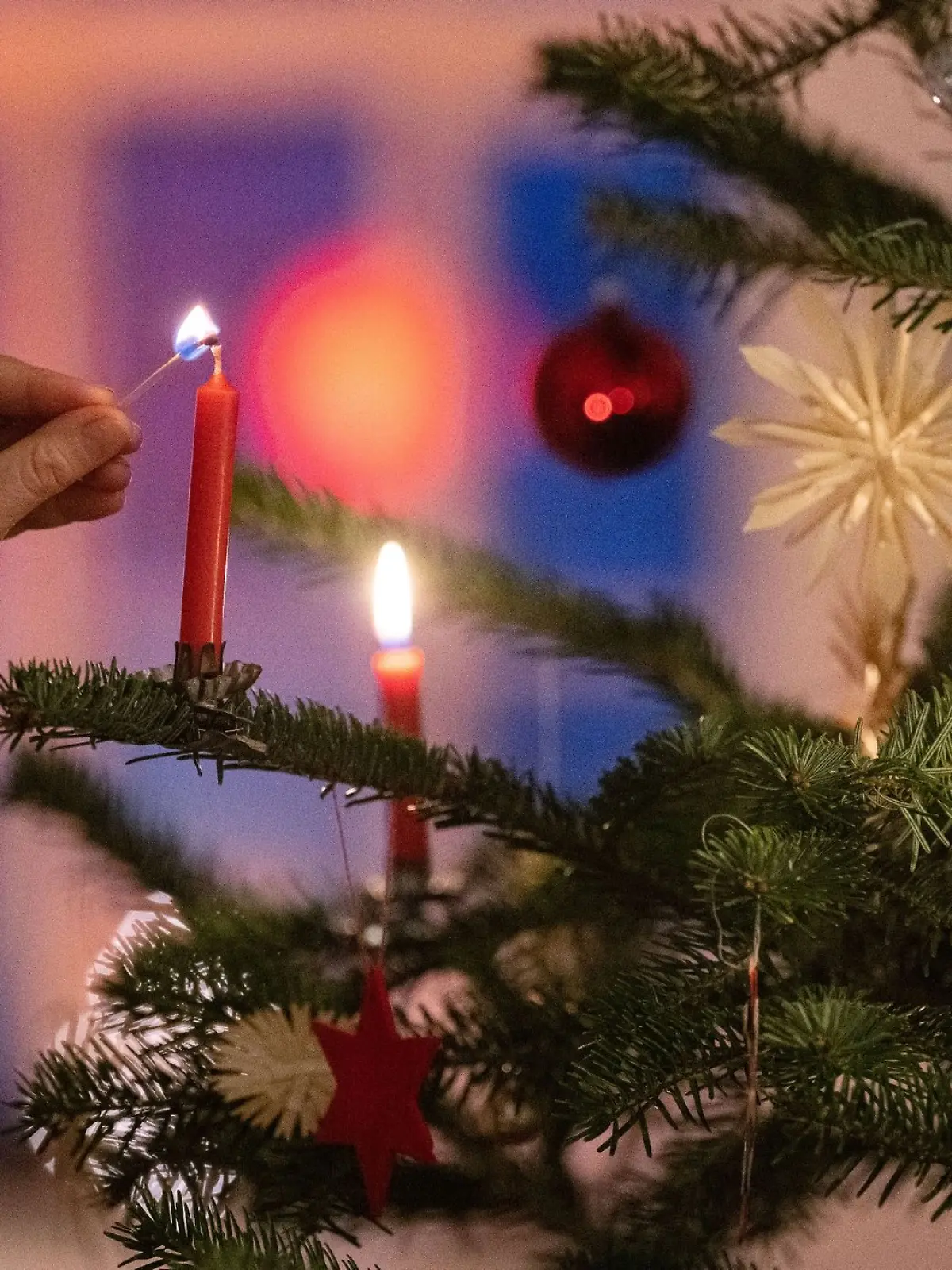 Eine Frau zündet eine Kerze an einem Weihnachtsbaum an.