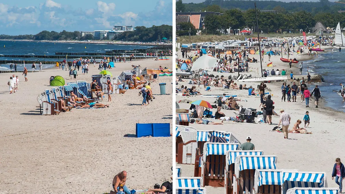 Links der Strand im polnischen Kolobzerg (Kolberg), rechts der Blick auf einen Strand in der Lübecker Bucht