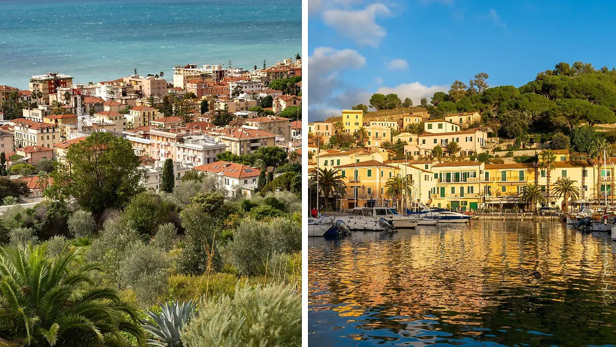 Links der Blick über Bordighera und die Küste der Riviera di Ponente in Ligurien, rechts der Porto Azzurro in der Toskana