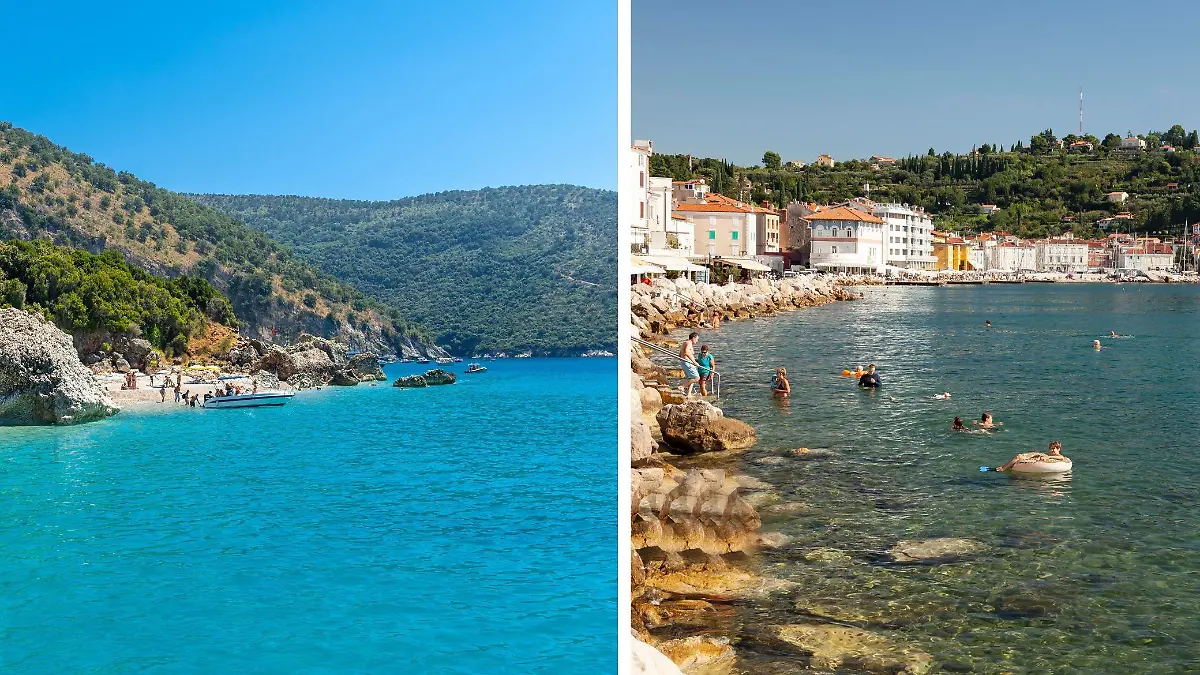 Links ein Strand nahe der Stadt Saranda im Bezirk Vlora an der albanischen Riviera, rechts ein Strand in der kroatischen Urlaubsregion Istrien